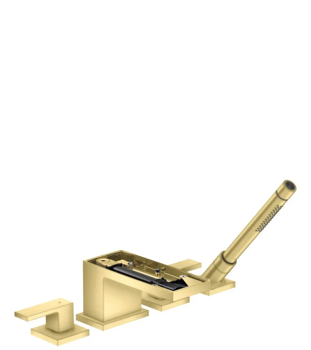 Wannenrandarmatur mit 4 Löchern in gebürstetem Messing. Hersteller AXOR. Enthält eine Bedienhebel, einen Auslauf und zusätzliche Bedienelemente.